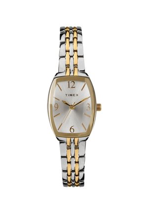 Hodinky Timex s obdĺžnikovým rámom v zlatom odtieni, strieborným ciferníkom, zlatými hodinovými značkami a dvojfarebným kovovým remienkom spájajúcim strieborné a zlaté články.