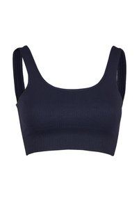 Marineblå ribbestrikket bralette med brede stropper og sømløst design, med en scoop-halsutskjæring og en tettsittende silhuett for komfort.