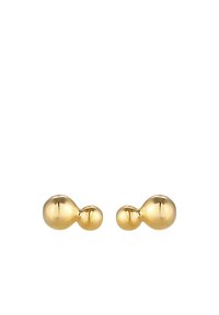 Gold-tone metal stud earrings with a spherical design featuring two differently sized balls. Smooth surface, polished finish, minimalistic style.