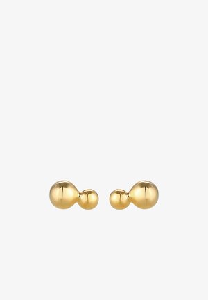 Boucles d'oreilles pendantes en métal doré avec un design sphérique comportant deux boules de tailles différentes. Surface lisse, finition polie, style minimaliste.
