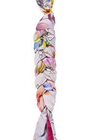 Spleciony szalik wykonany z lekkiego materiału, z kwiatowymi wzorami w odcieniach różu, żółci, niebieskiego i zielonego na jasnym tle.