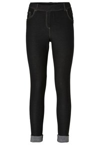 Czarne stretchowe dżinsy o gładkiej fakturze, z pięcioma kieszeniami, złotymi przeszyciami i zawiniętymi mankietami z kontrastującym szarym materiałem.