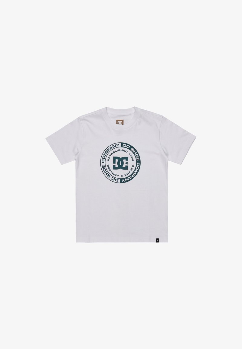 Witte katoenen t-shirt met een ronde grafische print in donkergroen met de tekst "DC Shoe Company" en "Established 1984". Ronde hals ontwerp.