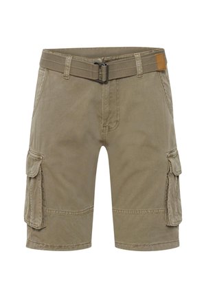 Khaki cargoshorts med sidelommer med klap og et matchende stofbælte med metalspænde, vist på en hvid baggrund.