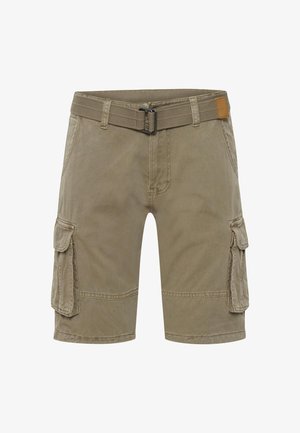 Shorts cargo kaki avec poches latérales à rabat et ceinture en tissu assortie avec boucle métallique, présentés sur fond blanc.