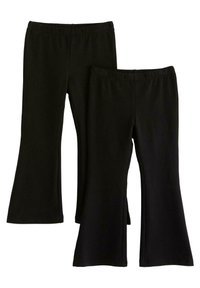 Zwarte, uitlopende legging gemaakt van een zachte, elastische stof. Beschikt over een elastische tailleband, een gladde textuur en een casual ontwerp zonder patronen.