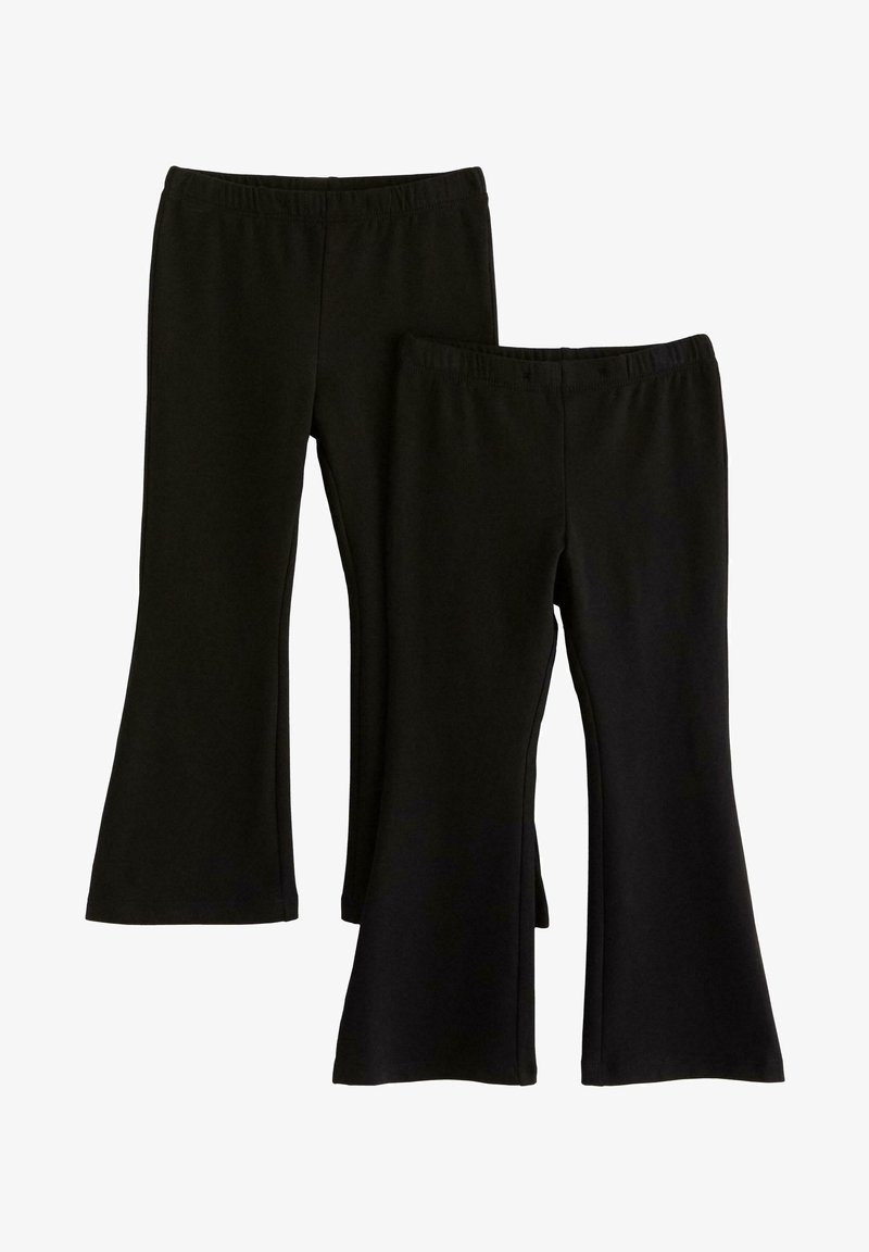 Black, flared leggings made from a soft, stretchy material. Features an elastic waistband, smooth texture, and casual design with no patterns.