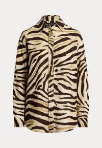Brun og beige bomullsskjorte med zebra-stripe mønster, knappefront, krage og lange ermer med en avslappet passform.
