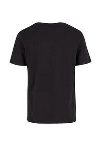 Sort kortærmet t-shirt med rund hals. Glat bomuldsstof, enkelt design og ingen synlige mønstre eller grafikker på bagsiden.