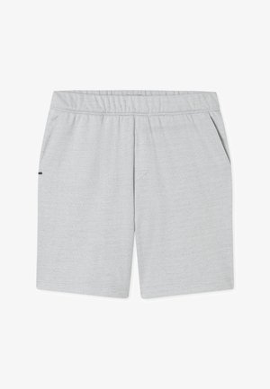Lichtgrijze casual herenshorts met elastische tailleband, zijzakken en subtiel gestructureerde stof.
