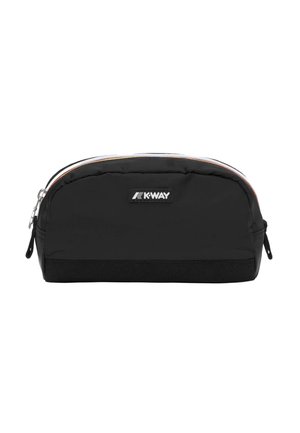 Necessaire rettangolare nero marchiato K-Way con parte superiore arrotondata, chiusura con cerniera e linguette in tessuto su entrambe le estremità.