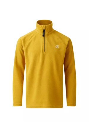 Pile giallo senape con maniche lunghe, collo alto e mezza cerniera frontale, con un piccolo logo ricamato sul petto.