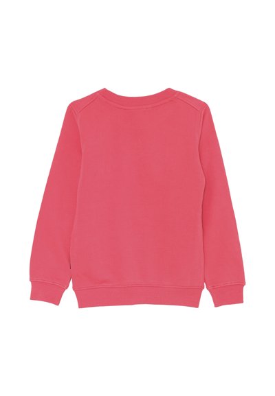 Felpa lunga rosa brillante con maniche a manica lunga, polsini, orlo e colletto a costine, mostrata da dietro su uno sfondo bianco.