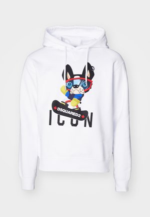 Witte hoodie met daarop een kleurrijke cartoonhond die een bril draagt, een blauwe trui en gele handschoenen, met "DSQUARED2 ICON" eronder gedrukt.