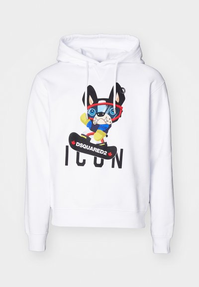 Weißer Hoodie mit einem bunten Cartoon-Hund, der eine Brille, einen blauen Pullover und gelbe Handschuhe trägt, mit dem Aufdruck "DSQUARED2 ICON" darunter.