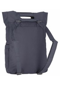 Dunkelblauer Rucksack aus strapazierfähigem Material, mit einem oberen Griff, verstellbaren Trägern und einer Seitentasche für zusätzlichen Stauraum.