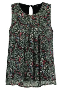Top senza maniche nera con motivo floreale in verde, rosso e blu. Caratterizzato da pieghe e una piccola apertura a forma di chiave sul retro.