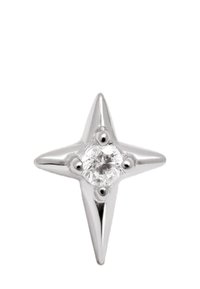 Boucle d'oreille en forme d'étoile argentée avec une pierre précieuse centrale claire et trois accents sphériques, finition brillante avec des bords pointus.