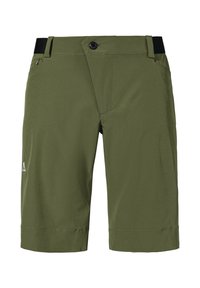 Olivgrüne Shorts aus leichtem Material, mit einem Reißverschluss- und Knopfverschluss, Gürtelschlaufen und einem kleinen weißen Logo auf der linken Seite.