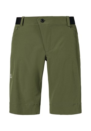 Olivgrüne Shorts aus leichtem Material, mit einem Reißverschluss- und Knopfverschluss, Gürtelschlaufen und einem kleinen weißen Logo auf der linken Seite.