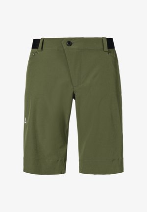 Olivgrüne Shorts aus leichtem Material, mit einem Reißverschluss- und Knopfverschluss, Gürtelschlaufen und einem kleinen weißen Logo auf der linken Seite.