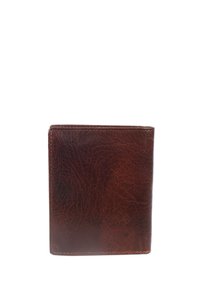 Brown leather wallet with a textured surface, rectangular shape, and stitched edges. Features a minimalist design without additional accents.
