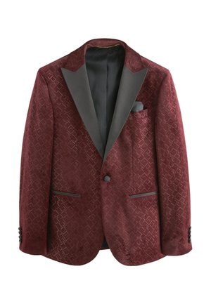 Blazer in velluto bordeaux con motivo geometrico sottile, revers in raso nero, chiusura con un bottone e fazzoletto nero nel taschino sul petto.