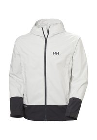 Weiße wasserdichte Jacke mit einem grauen Reißverschluss, dunkelblauen Akzenten an den Bündchen und am Saum sowie an der Kapuze. Enthält das "HH"-Logo auf der Brust.