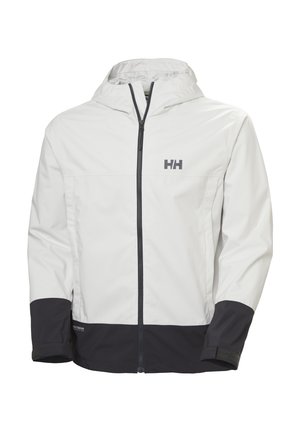 Witte waterdichte jas met een grijze rits, donkerblauwe accenten op de manchetten en zoom, en capuchon. Bevat het "HH" logo op de borst.
