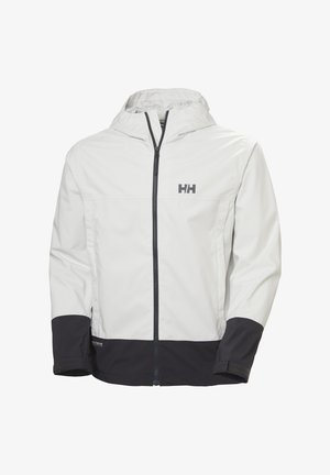 Weiße wasserdichte Jacke mit einem grauen Reißverschluss, dunkelblauen Akzenten an den Bündchen und am Saum sowie an der Kapuze. Enthält das "HH"-Logo auf der Brust.