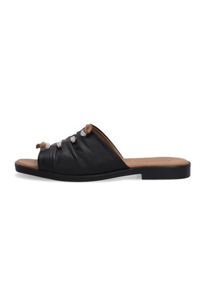 Black leather slide sandal with gathered design, featuring five decorative silver-tone accents and a brown cushioned insole.