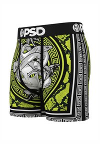 Boxer briefs negros con un vibrante patrón de serpiente amarilla, diseño gráfico detallado, con una cinturilla negra sólida que muestra "PSD".