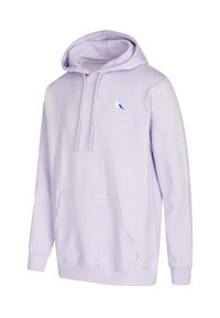 Light purple hoodie made from soft fabric. Features a front pouch pocket and a small bird logo in blue on the left chest. Drawstring hood.
