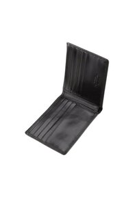 Portefeuille en cuir noir avec plusieurs emplacements pour cartes et une texture lisse. Ouvert avec un design minimaliste sans matériel ou accents visibles.