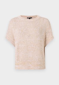 Lys beige kort genser med løs strikketekstur, korte ermer og ribbestrikket hals, med subtile hvite og gyldne striper gjennom hele.