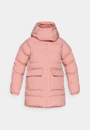 Pink puffer jacket with a hood, featuring a zip front closure, two front pockets, and quilted texture for insulation.