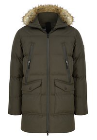 Donkergroene gewatteerde parka met een capuchon gevoerd met nepbont, ritszakken op de borst en zijflapzakken. Gladde textuur, mouwen van gemiddelde lengte.