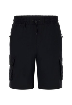 Pantaloni cargo neri con vita elastica e cordoncino. Presentano due tasche laterali e due tasche cargo con chiusura a scatto. Materiale leggero.