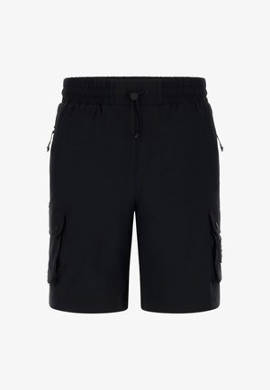 Pantaloni cargo neri con vita elastica e cordoncino. Presentano due tasche laterali e due tasche cargo con chiusura a scatto. Materiale leggero.