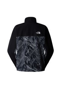 Svart jacka med hög krage, kontrasterande texturerat grått mönster på den nedre halvan, och logotyp på övre ryggen.