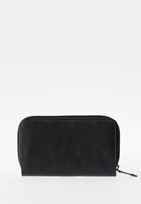 Black zippered wallet, made of smooth fabric. Rectangular shape with stitched edges and a side pull tab. Minimalist design, no visible hardware.