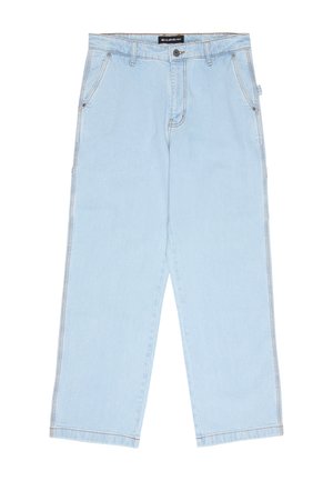 Lichtblauwe rechte denim spijkerbroek met knoop- en ritssluiting, voorzakken en riemlussen.