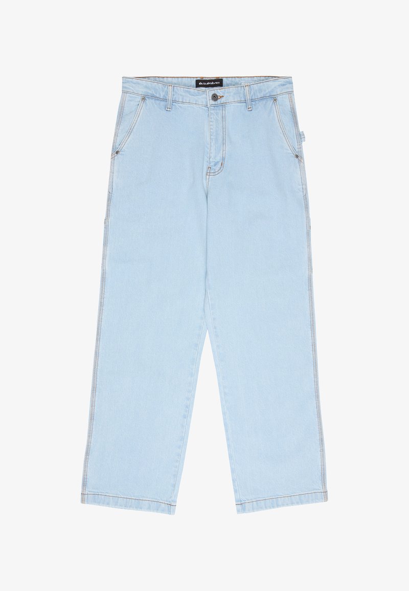 Jeans en denim bleu clair droit avec fermeture à bouton et zip, poches avant et passants pour ceinture.