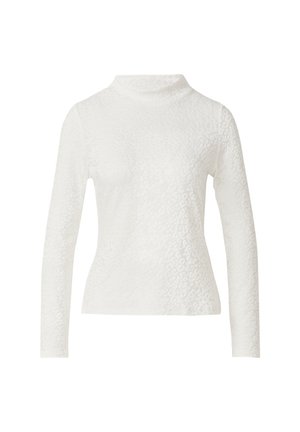 Weiße, langärmelige, taillierte Bluse mit dezentem Leopardenmuster und Stehkragen, auf einem schlichten Hintergrund präsentiert.