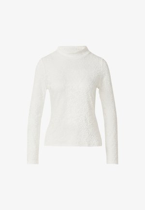 Witte lange mouw fitted top met subtiele luipaardtextuur en een opstaande kraag, weergegeven op een effen achtergrond.