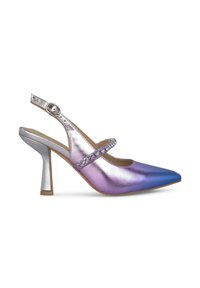 Slingback con tacco metallici viola e blu caratterizzato da punta appuntita, cinturino decorativo con rhinestones e tacco quadrato argentato.