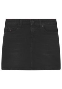 Zwarte denim rok met een getailleerd ontwerp, voorzak, metalen knoopsluiting en subtiele stikdetails. Glad textuur, lengte boven de knie.