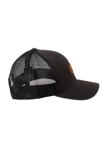 Black cap with a solid front panel and mesh back, featuring a curved brim and a small brown leather patch on the front.