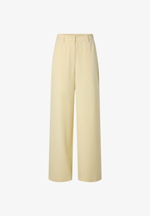 Pantalon taille haute à jambes larges en jaune pâle avec passants pour ceinture, fermeture par bouton et fermeture avant cachée.