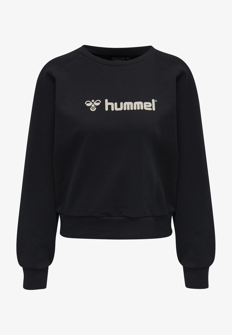 Felpa nera in morbido cotone con scollatura rotonda e polsini a costine. Il davanti presenta il logo "hummel" in un beige chiaro.